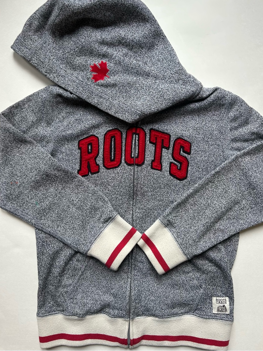 Roots Cabin Kids Grey Full Zip Hoodie with Red Logo